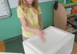 Dziewczynka stoi przed otwartym pudłem z suchym lodem.