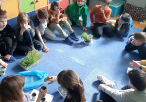 Dzieci siedzą w kole na dywanie i rozmawiają na temat roślin, ich znaczenia i hodowli.